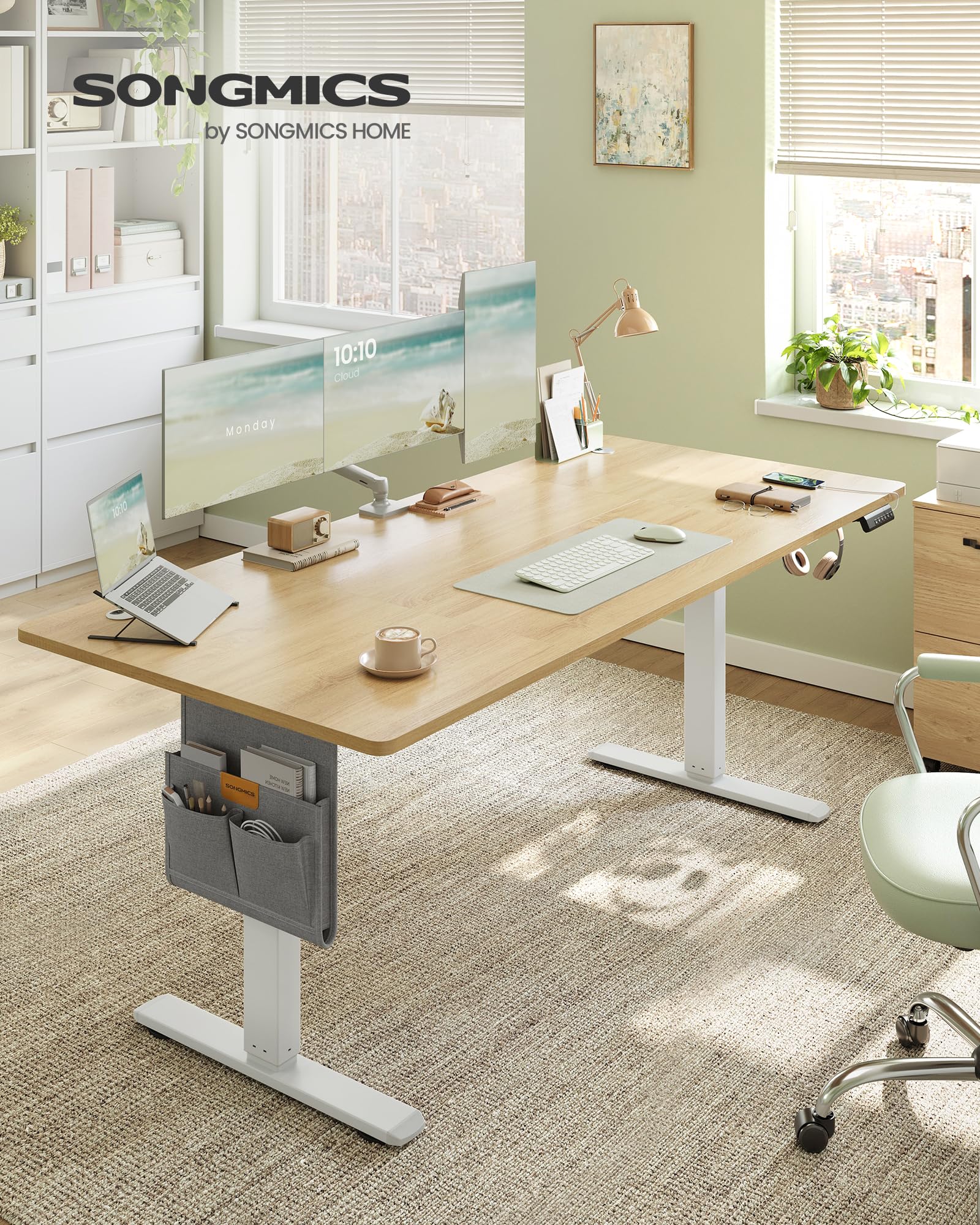 SONGMICS Höhenverstellbarer Schreibtisch elektrisch, 180 x 80 cm, Memory-Funktion mit 4 Höhen, USB-C-Anschluss, goldeichenfarben LSD138YA01 2