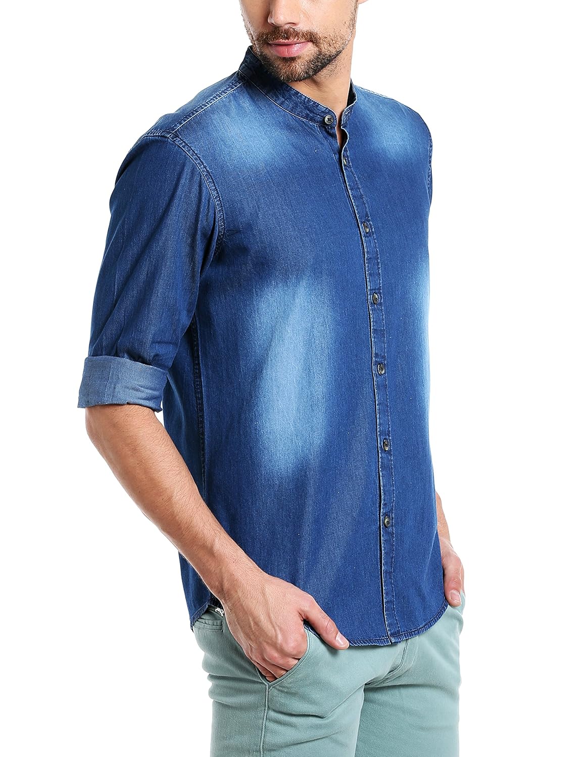 dennis lingo men's denim dark blue solid casual shirt