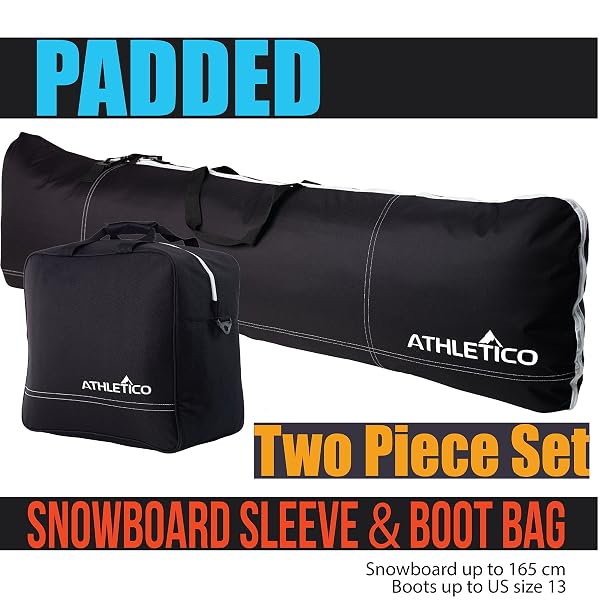 ATHLETICO PADDED TWO-PIECE SNOWBOARD AND BOOT BAG COMBO | STORE & TRANSPORT SNOWBOARD UP TO 165 CM AND BOOTS UP TO SIZE 13 | INCLUDES 1 PADDED SNOWBOARD BAG & 1 PADDED BOOT BAG (BLACK)
