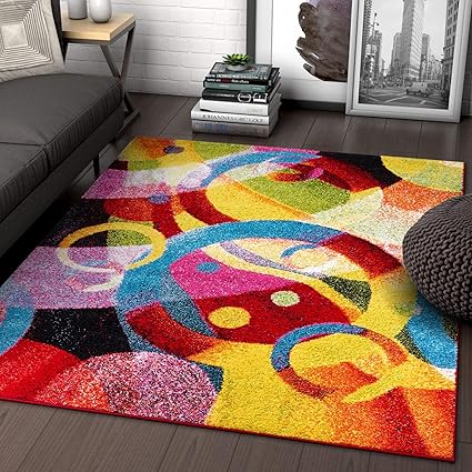 Amazon Com Bubble Bright Multi Circles Yellow Blue Red Abstract Geometric Lines Area Rug 5 X 7 5 3 X 7 3 Easy Clean Stain Fade Resistant Shed Free Modern Contemporary Brush Stroke Painting Art