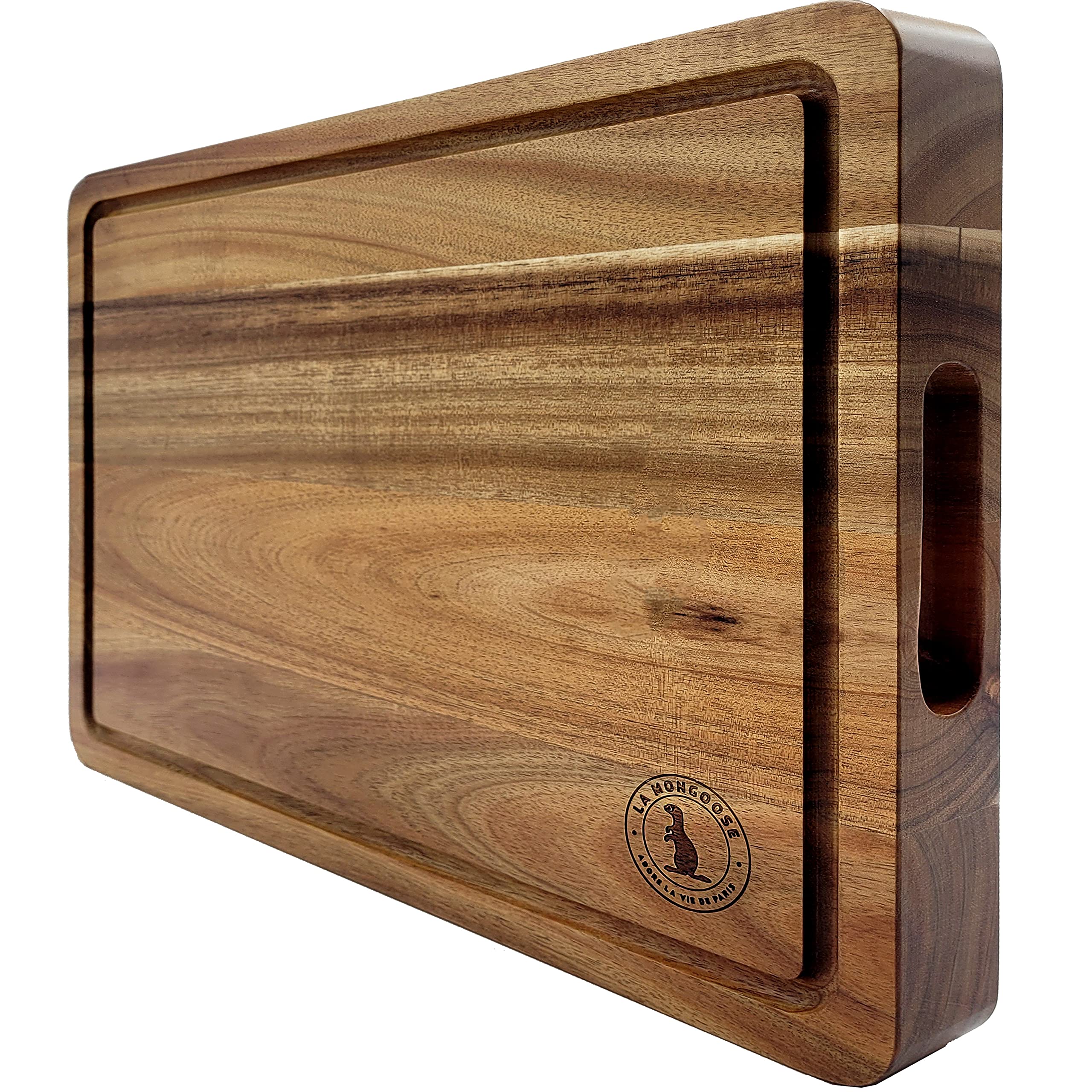Acacia Wood 16 x 12 x 1.5inch Thick (40.5 x 30.5 x 4cm) Extra-Large Chopping Board Juice Groove Hand Grips Snack Holder Dark Edge Grain Wooden Butcher Block Cheese Plate Server Deluxe Birthday Gift