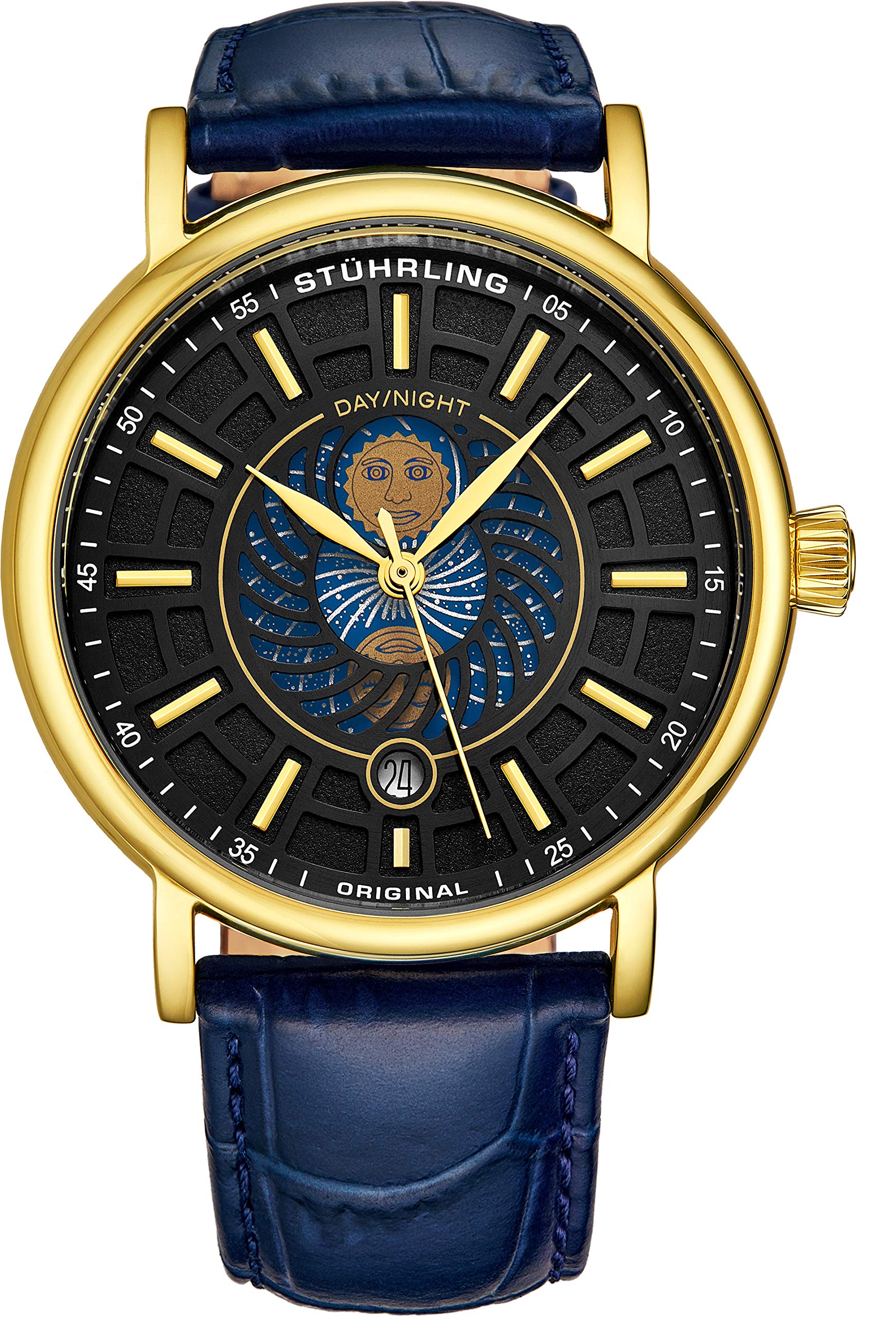 Stuhrling Original Mens Day/Night Dress Watch - Stainless Steel Case and Leather Band - Analog Dial with Date and Day/Night Complication Duet Mens Watches Collection (Gold)