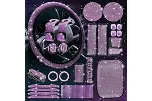 Zeinlenx 25 Pcs Bling Car Accessories Set, Rhinestone Car Accessories Set for Women, Bling Steering Wheel Cover Universal Fit 15 Inch, Glitter Seat Belt, Sparkly Armrest Cover (Purple)