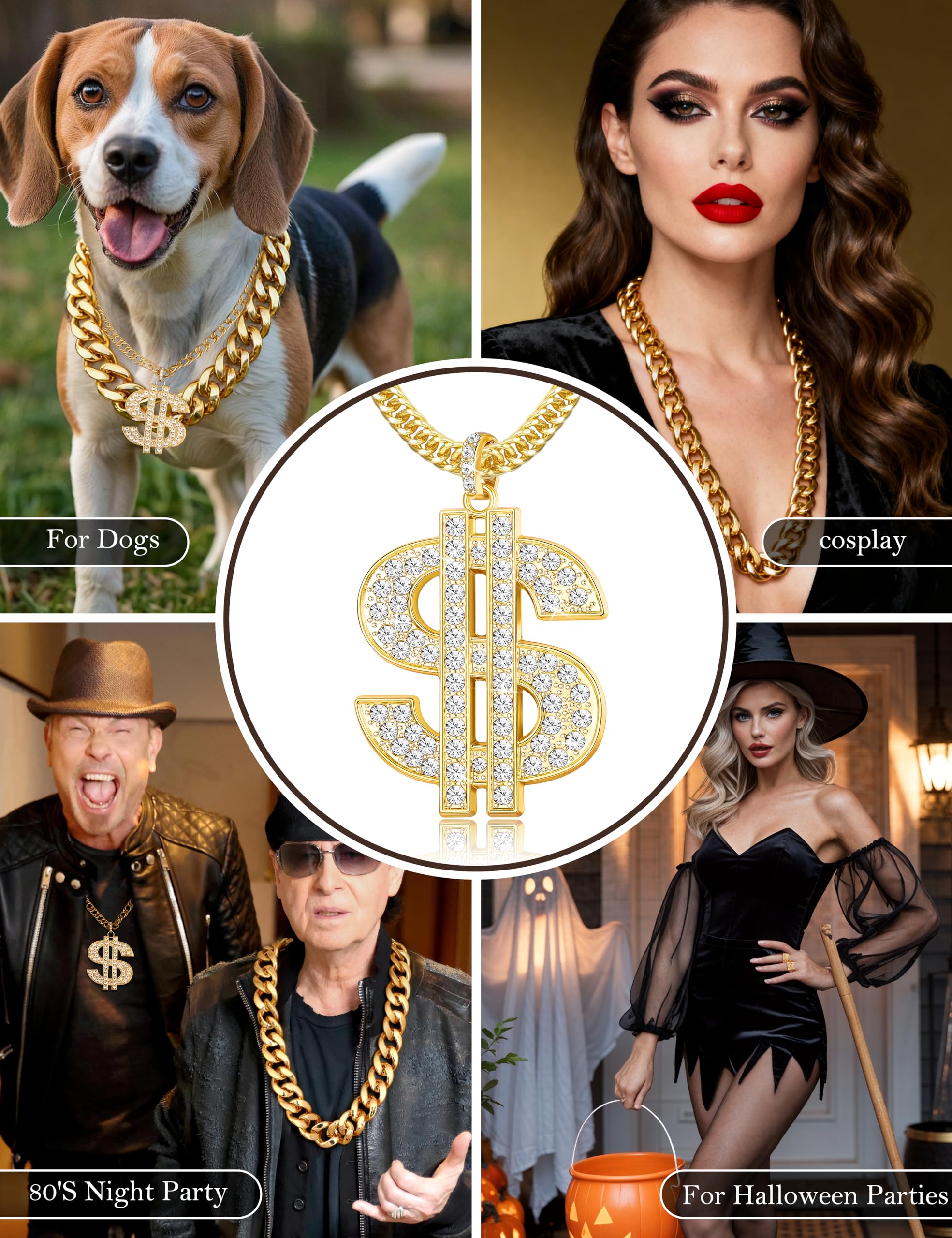 FIBO STEEL 80s 90s Accessories Outfit for Men Women Hip Hop Costumes Outfit Fake Gold Chains Dollar Sign Necklaces and Kanji Blessing Lucky Rings Set 80s 90s Party Jewelry