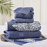 Modern Threads Artesia Damask 6-Piece 100% Combed Cotton Reversible Yarn Dyed Jacquard Towel Set Indigo