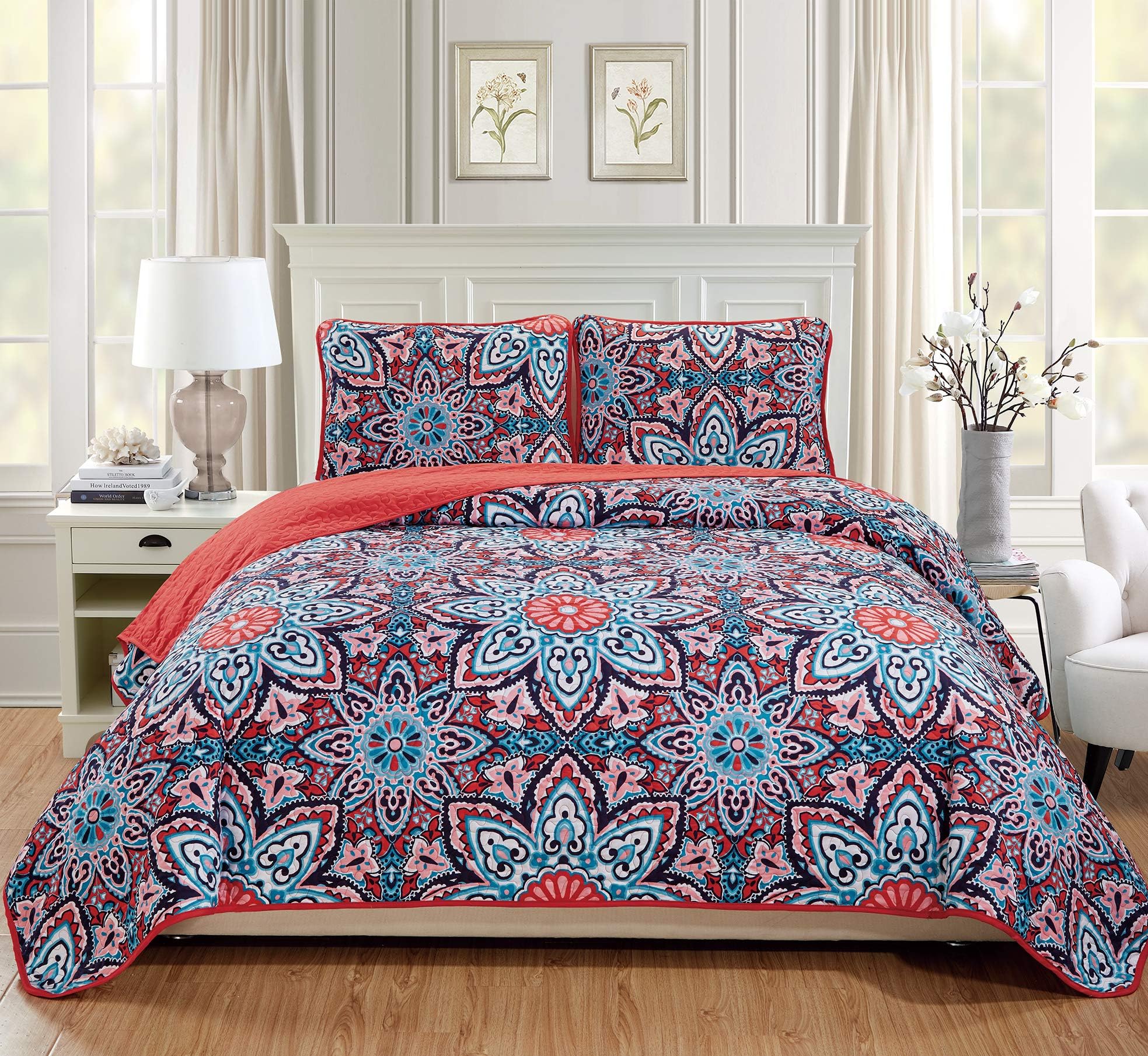 Fancy Linen 3pc Bedspread Quilt Set Over Size Bed Cover New (King/California King,Pink Red Turquoise Floral)