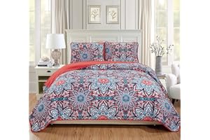 Linen Plus Full/Queen 3pc Over Size Quilted Bedspread Floral Pink/Red Turquoise Navy Blue Light Pink White New