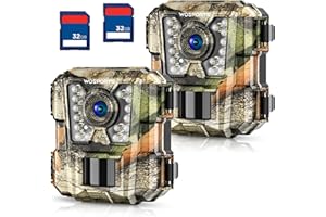 WOSPORTS Mini Trail Camera 2 Pack 24MP 1080P HD, Game Cam with 32GB SD Cards, Waterproof Night Vision Tiny Scouting Camera for Outdoor Wildlife Monitoring