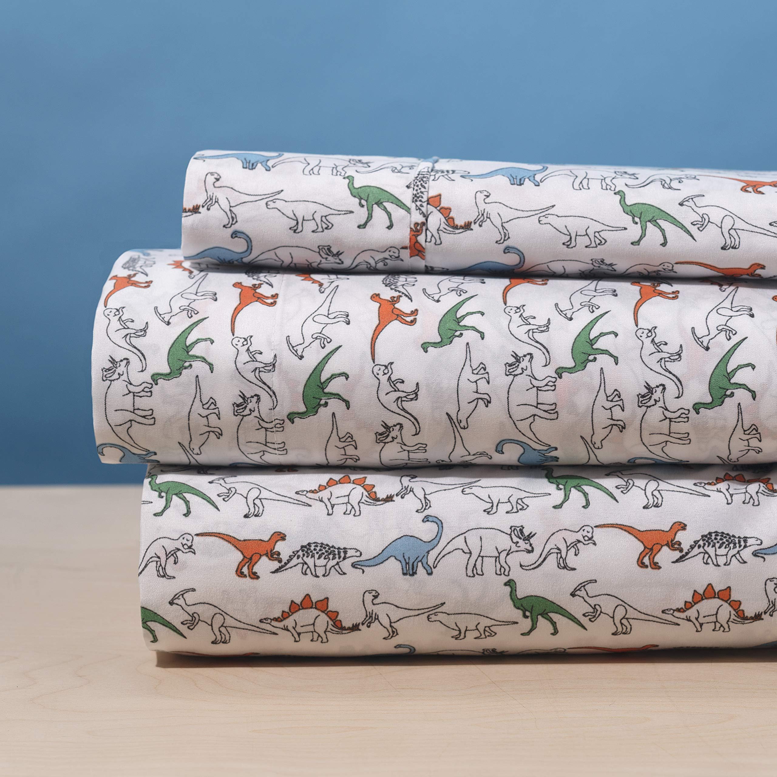 Elegant Home White Orange Green Dinosaurs Design 4 Piece Printed Sheet Set with Pillowcases Flat Fitted Sheet for Boys/Kids/Teens # Dinosaur (Queen Size)
