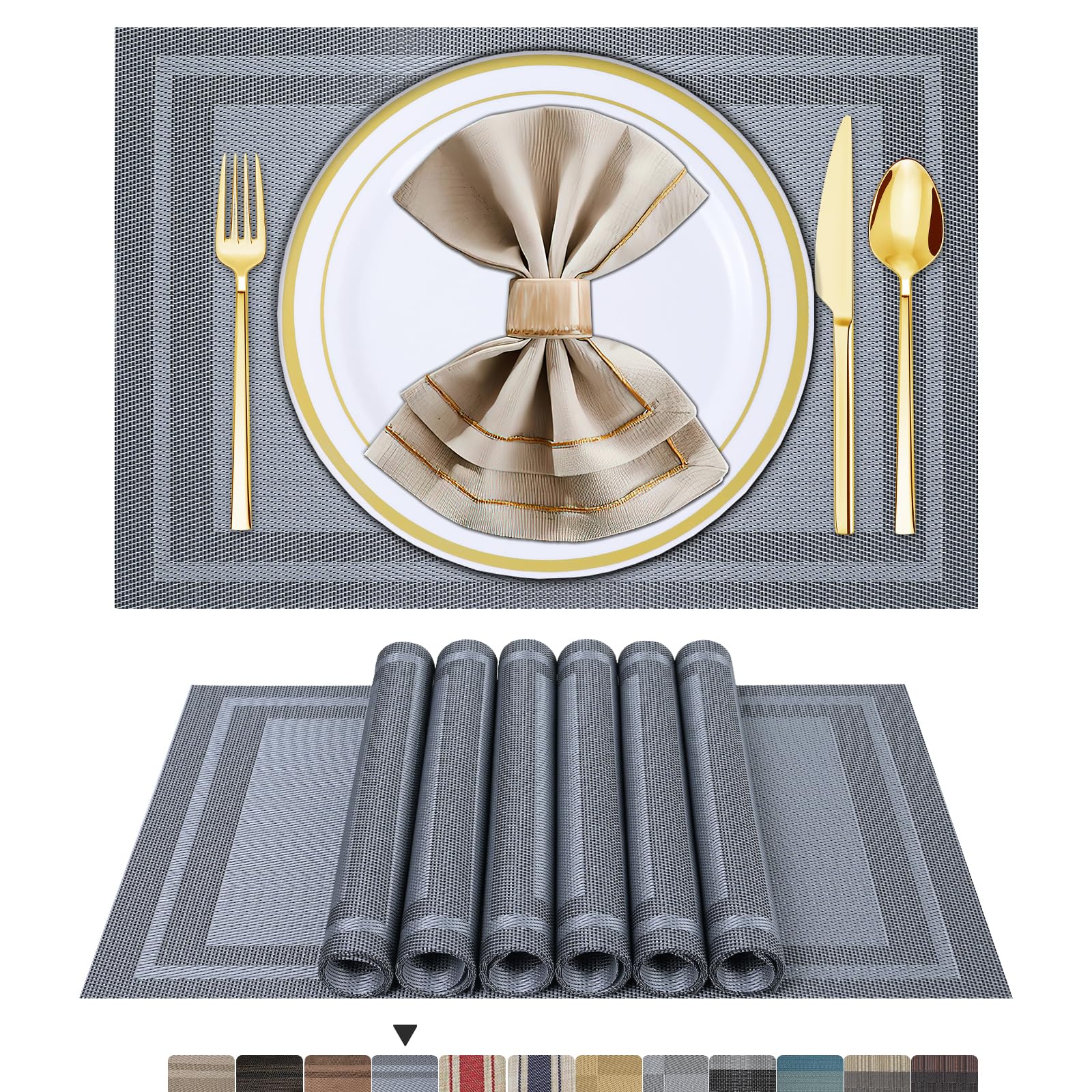 ARTAND Placemats Set of 6, Silver Gray Woven Vinyl Placemats, Washable & Durable Table Mats, Indoor/Outdoor Use Place Mats