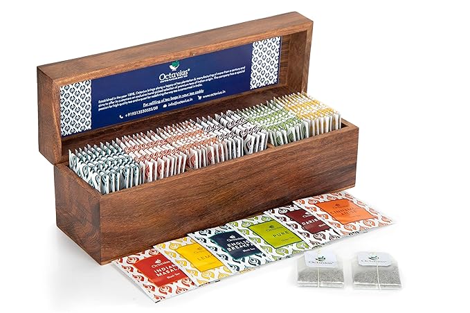 Octavius Assortment of Fine Black & Green Teas in Dark Wood Caddy Gift Box - 60 Teabags