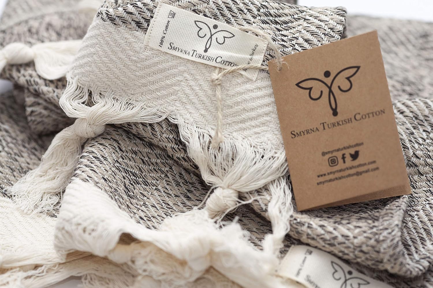 Smyrna Original Turkish Hand Towels Herringbone Series Set of 2 | 100% Cotton, 16 x 40 Inches | Decorative Bathroom Peshtemal Towel for Hand, Face, Hair, Gym, Yoga, Tea, Kitchen and Bath (Beige): Kitchen & Dining