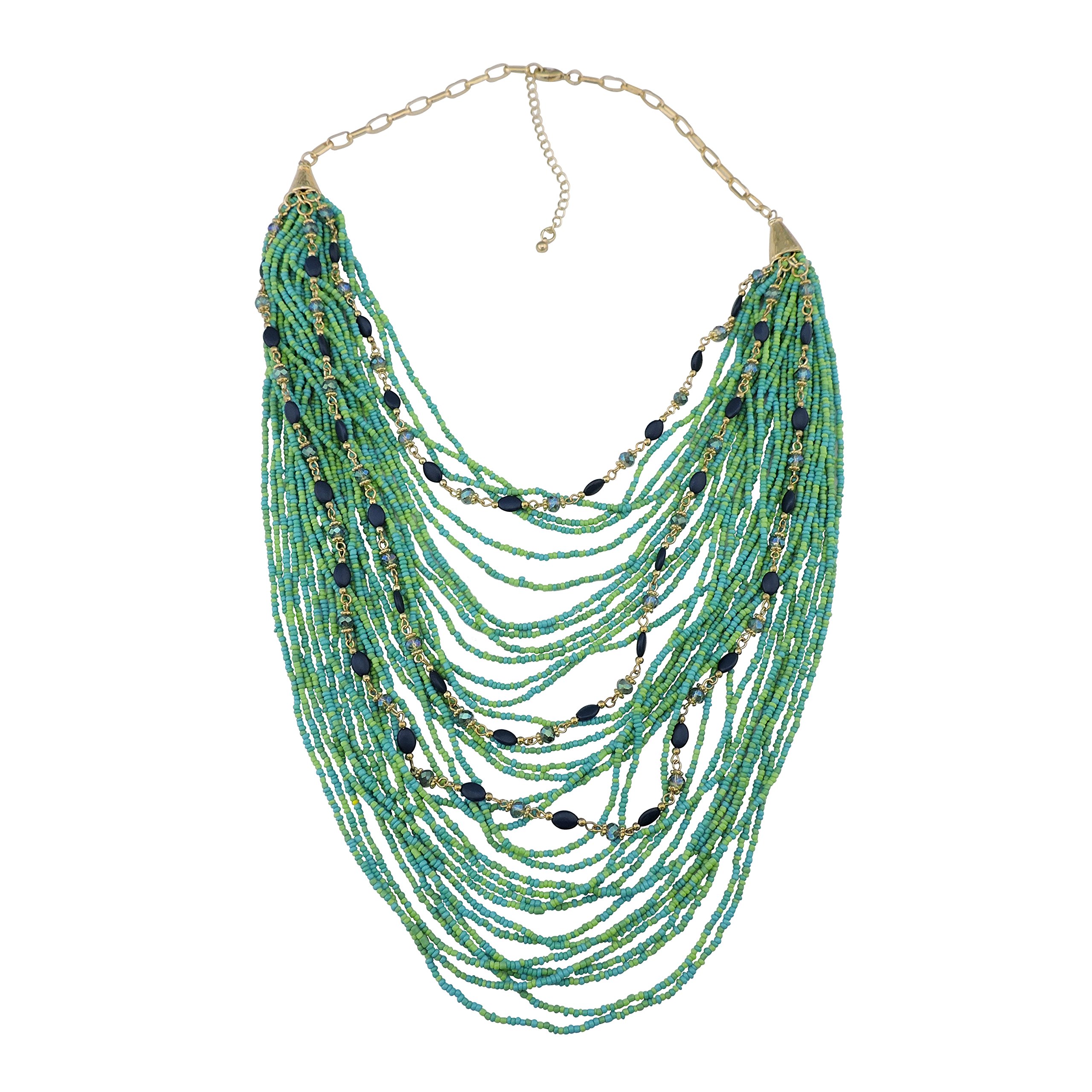 BOCAR Multi-layer Long Chain Chunky Bib Seed Beads Statement Necklace (NK-10410-Green)