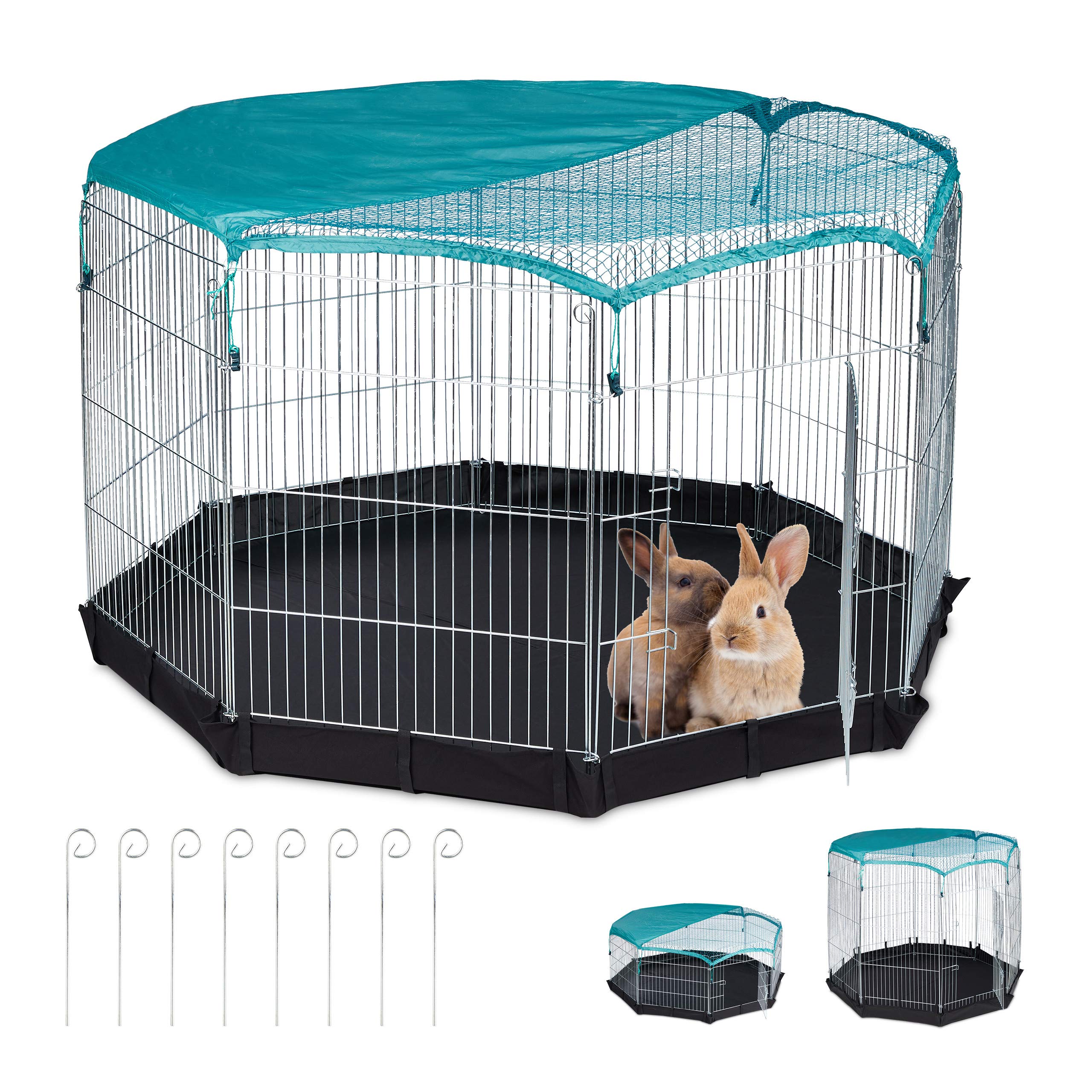 Relaxdays Pet Play Pen, Net Cover & Floor, Outdoor Cage, Run for Rabbits & Guinea Pigs, 92 x 160 x 160 cm, Silver, Steel, Large