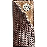 Western Genuine Leather Cowhide Cow fur Basketweave Texas State Men's Long Bifold Wallet in 3 colors (Coffee)