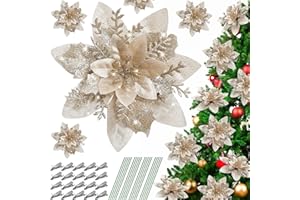 Serwalin 20pcs Christmas Flowers Artificial Champagne Gold Poinsettia Flowers Decorations with Clips Stems Glitter Christmas Tree Ornaments Xmas Wedding Party Wreath Garlands DIY, 14cm/5.5in