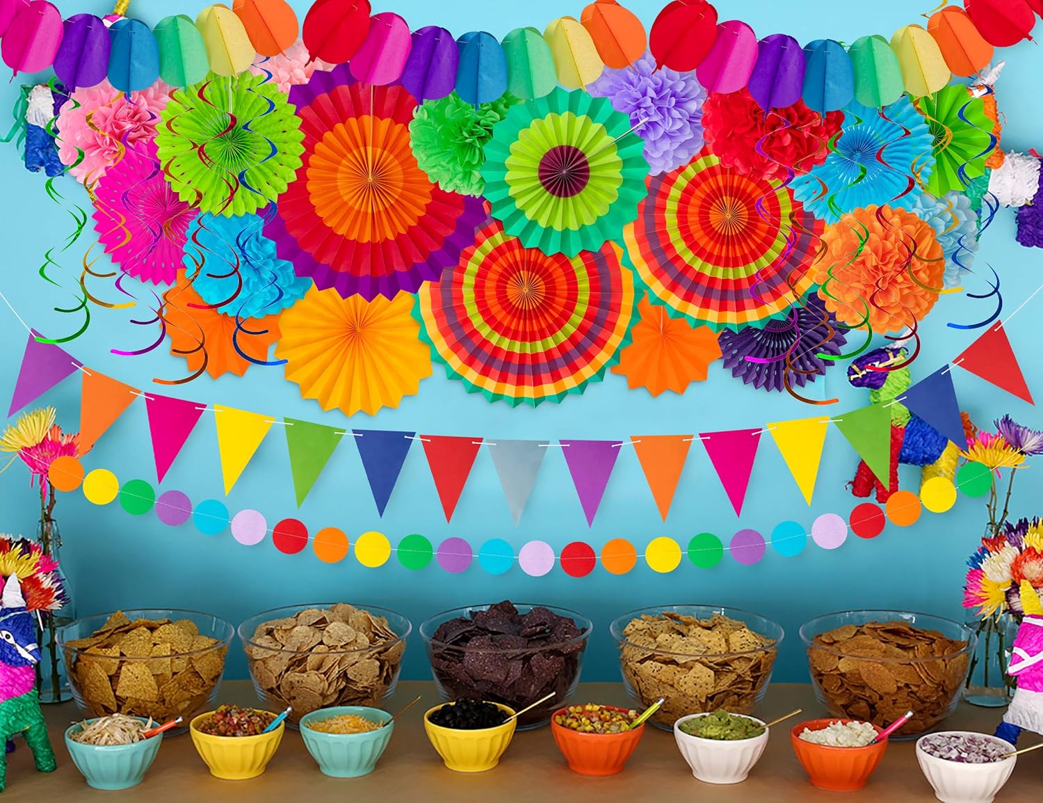 Moon Boat 35PCS Fiesta Paper Fan Party Decorations Set - Cinco De Mayo Pom Poms,Pennant,Garland String,Banner,Hanging Swirls Decor Supplies: Toys & Games