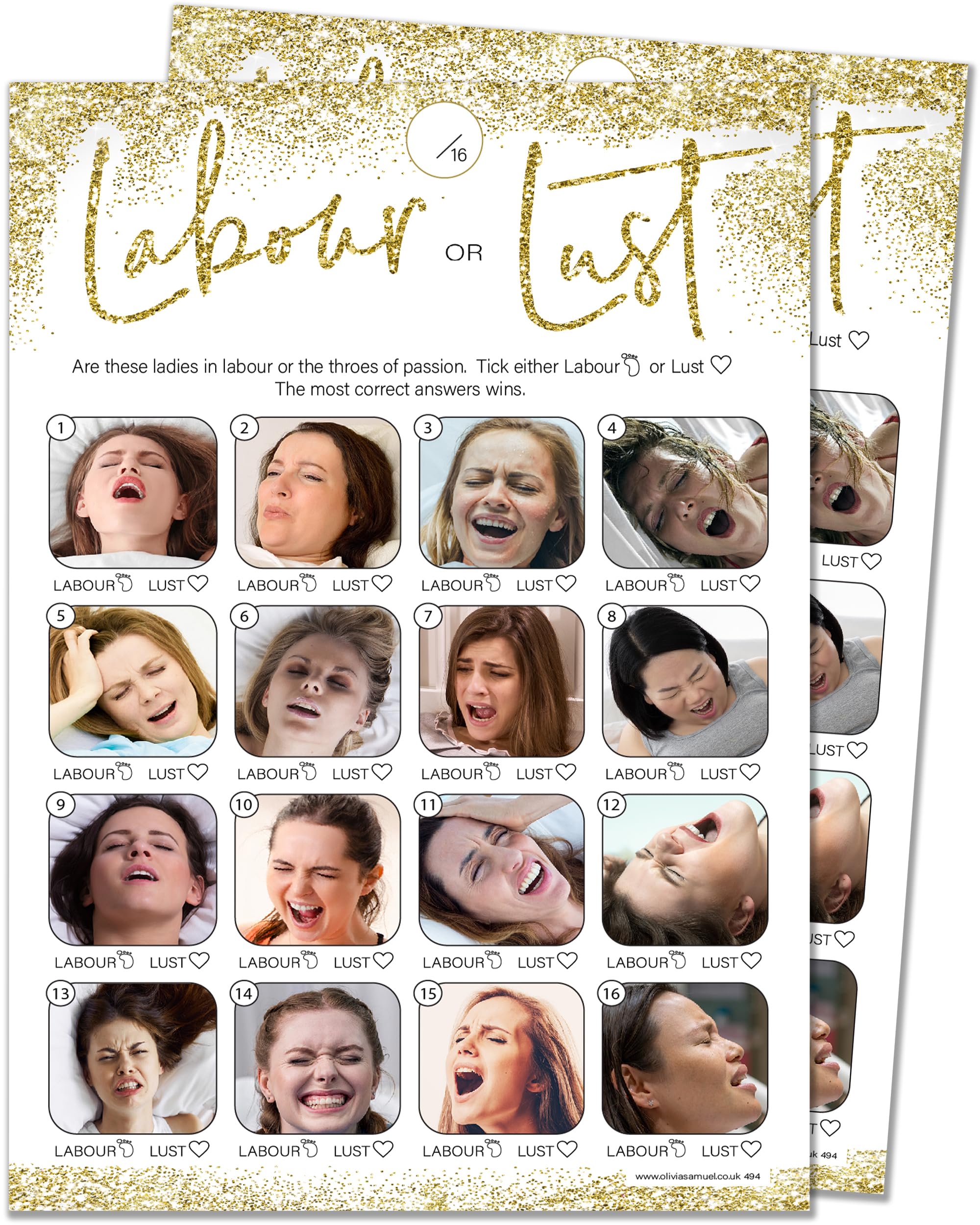 Olivia Samuel Labour or Lust Baby Shower Game for up to 30 Players – Gold Sparkle Design with Winner Certificate – Unisex – Made in the UK