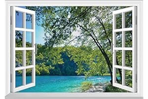 FLFK Fake Window Wall Mural - Lakes in The Jungle Faux Window Wall Sticker for Wall Decor, Stick and Peel Wall Decals,48"x32",Set of 2 Sheets