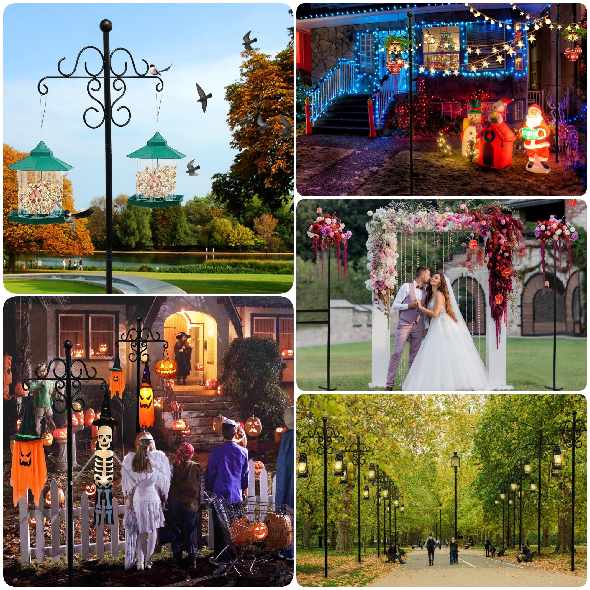 108 Inch 2 Pack Double Shepherds Hooks for Outdoor with 5 Prongs Base, Adjustable Heavy Duty Bird Feeder Poles, Garden Multi Hooks Hanger Stands for Hanging Bird Feeder, Plant Baskets, Solar Lanterns