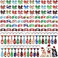 100 Pieces Thanksgiving Christmas Dog Bow Tie Collar Set Include 50 Dog Neckties, and 50 Dog Bow Tie, Adjustable Christmas Va