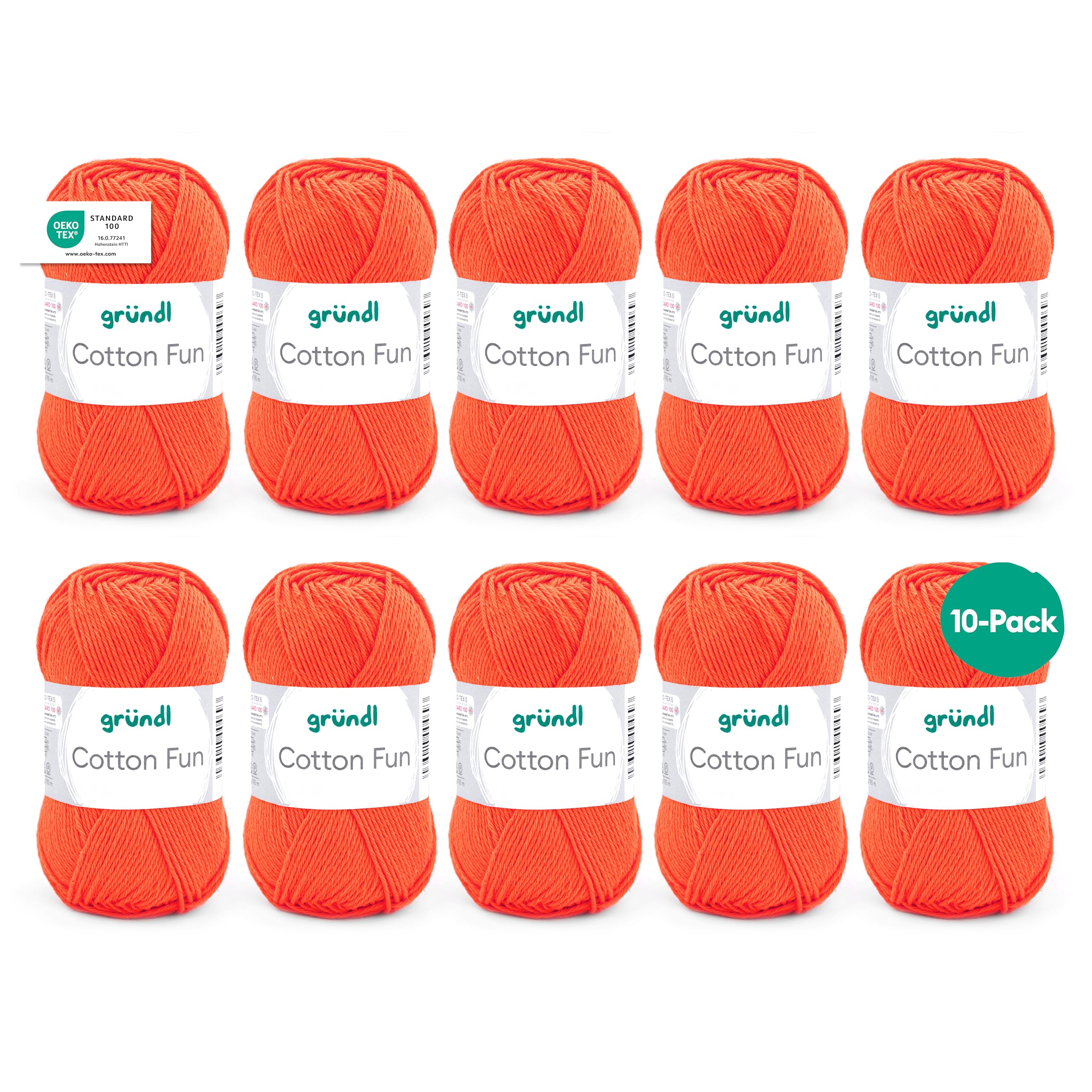 Knitwear/Crochet Yarn Gründl Cotton Fun (soft yarn made of 100% cotton, OEKO-TEX certified, 50 g/115 m, needle size 3-4, 10 balls of 50 g each), Orange