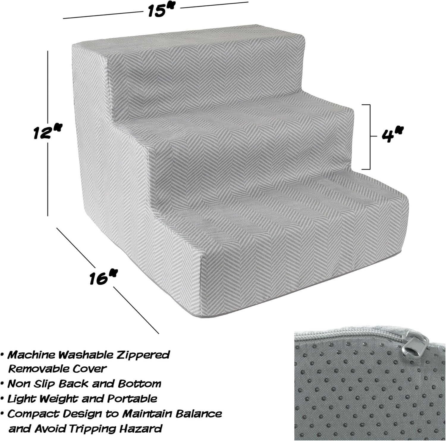 High Density Foam Pet Stairs 3 Steps with Machine Washable Zippered Removeable Micro-Fiber Cover with non-slip bottom by PETMAKER – Print on Gray : Pet Supplies