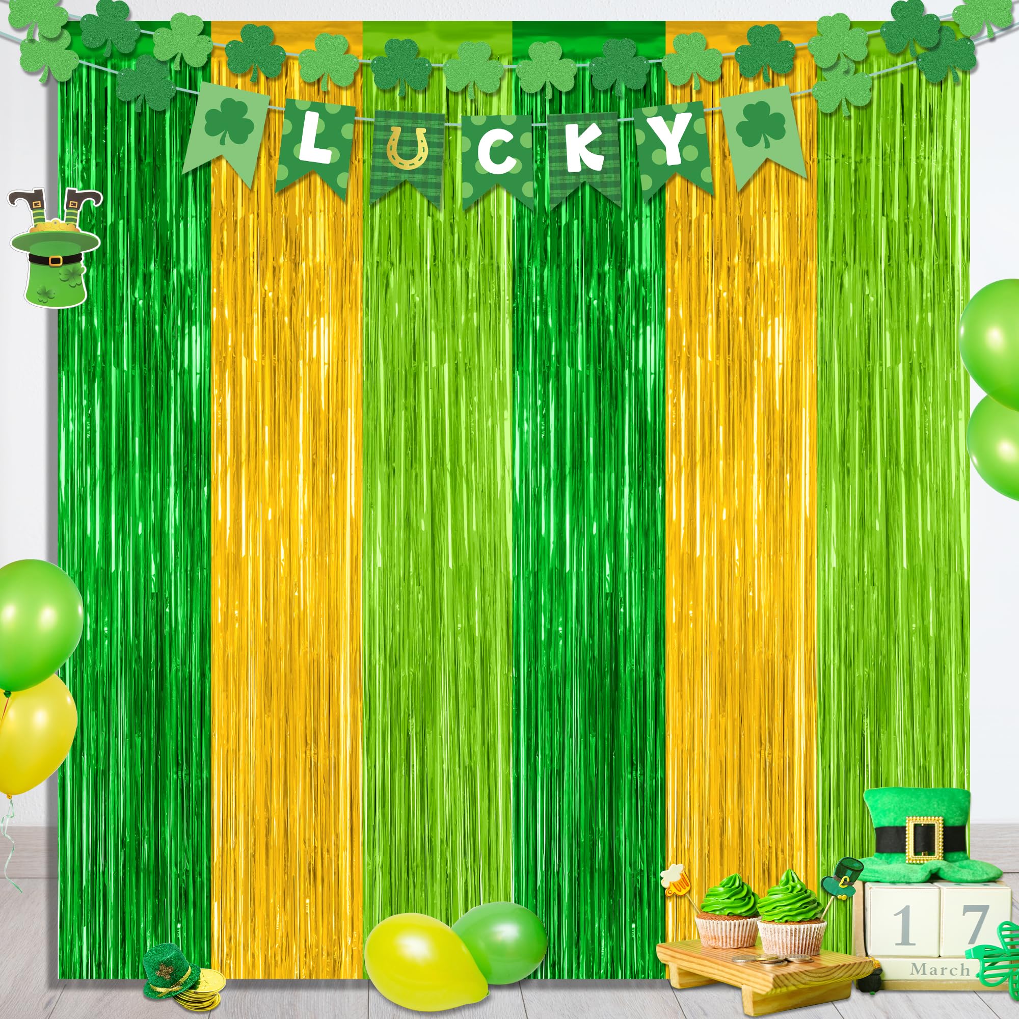 Photo 1 of 2 Pack St Patrick Party Decorations, 3.28 FT x 7.05 FT Green Gold Light Green Backdrop Curtains, Metallic St.Patrick Fringe Curtains Party Streamer Tinsel Backdrop, St Patrick Party Supplies