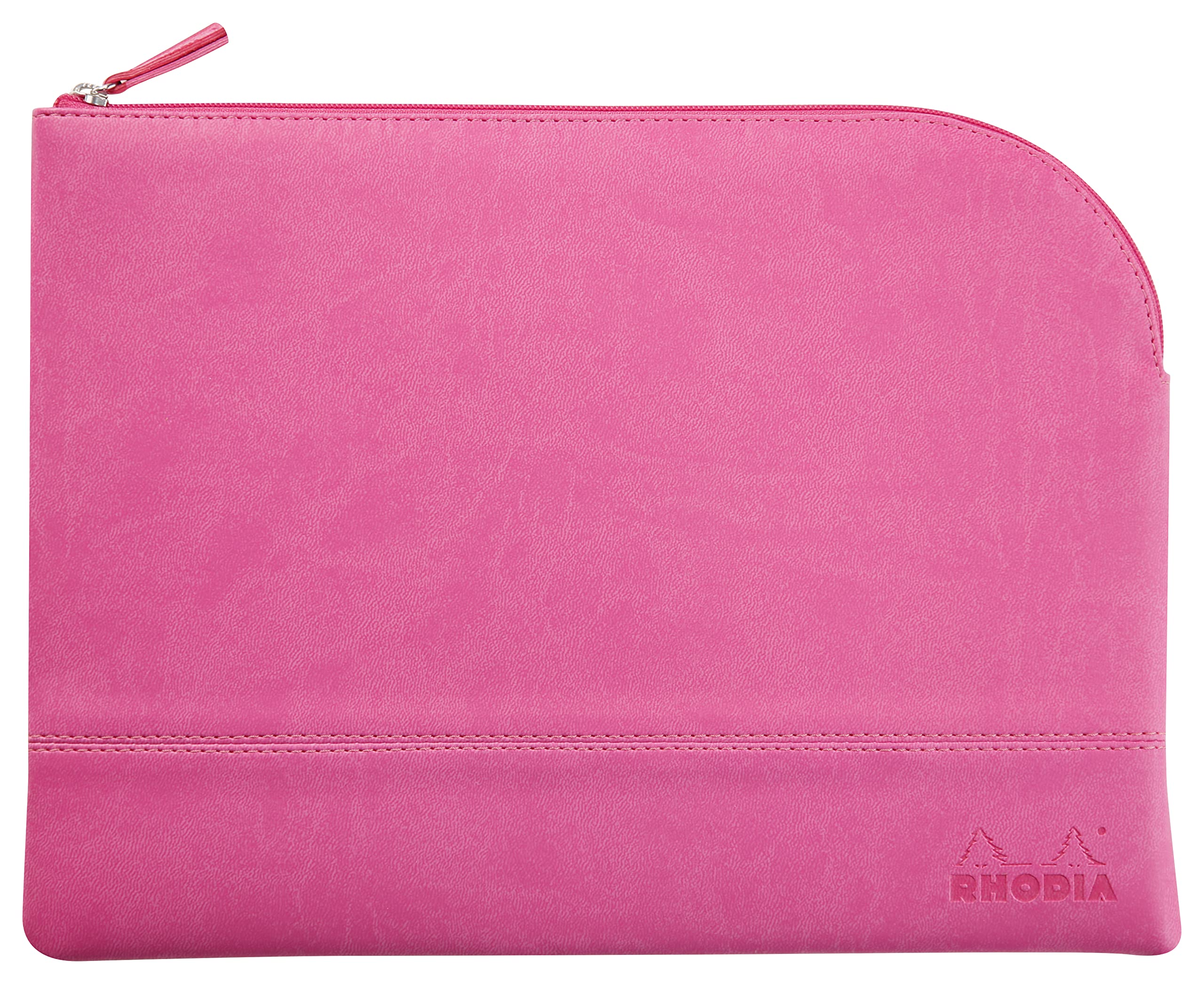 RHODIA 116742C - Faux Leather Zipped Pouch - Fuchsia - Size L (21 x 28 cm) - Genuine Stitching - Orange Fabric Inside - Storage for Documents, Small Supplies