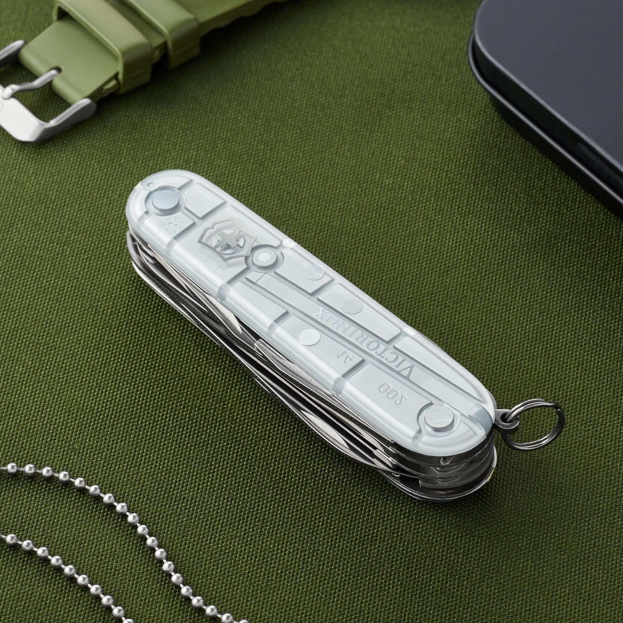 Victorinox Schweizer Taschenmesser Huntsman, Multitool, Swiss Army Knife mit 15 Funktionen, Klinge, Korkenzieher, Dosenöffner, Silber Transparent 5