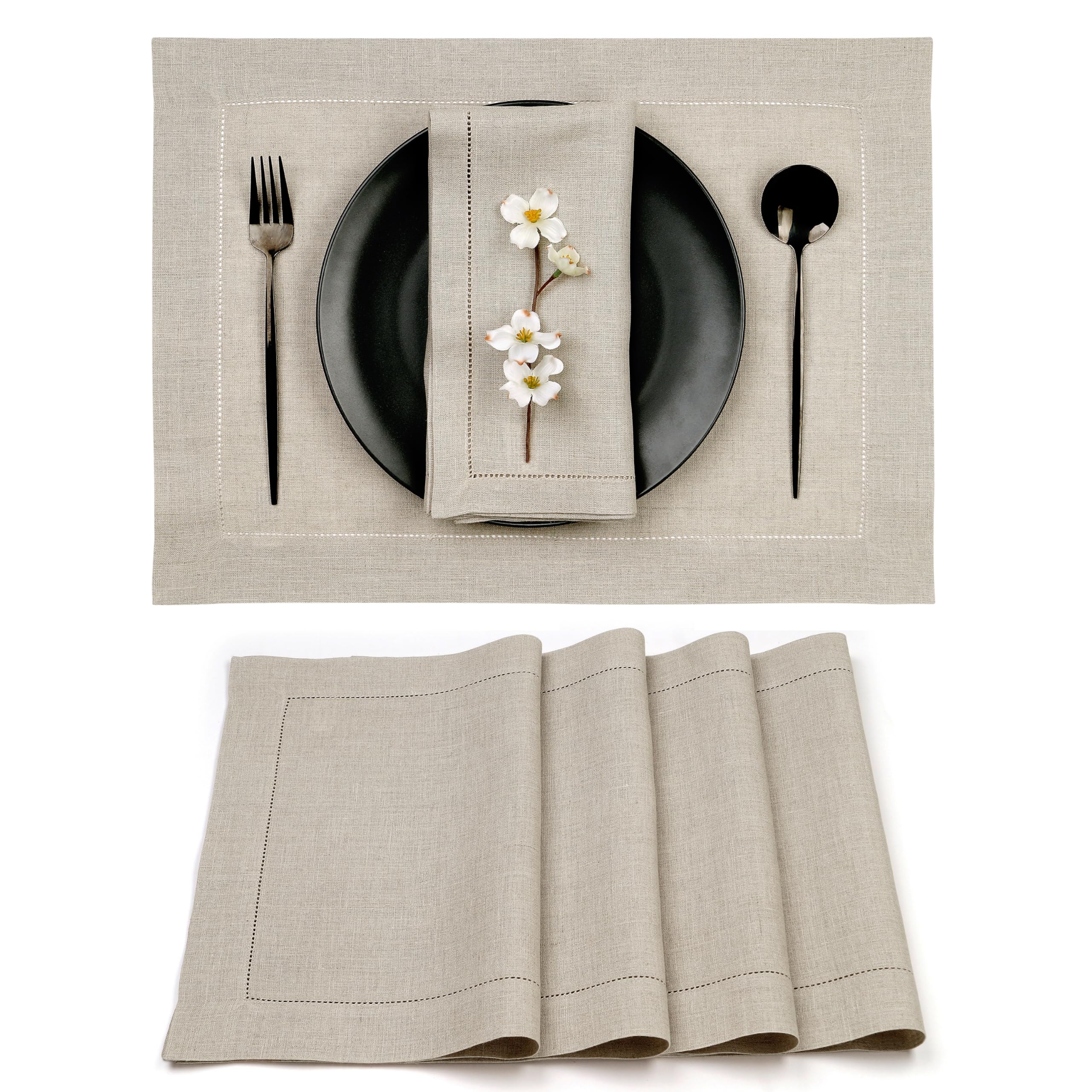 D'Moksha Homes Linen Placemats Set of 4 - Classic Hemstitch Natural Placemats 36 x 48 cm - 100% Pure Linen Table Mats for Valentines, Spring, Easter - Handcrafted and Machine Washable — image 1