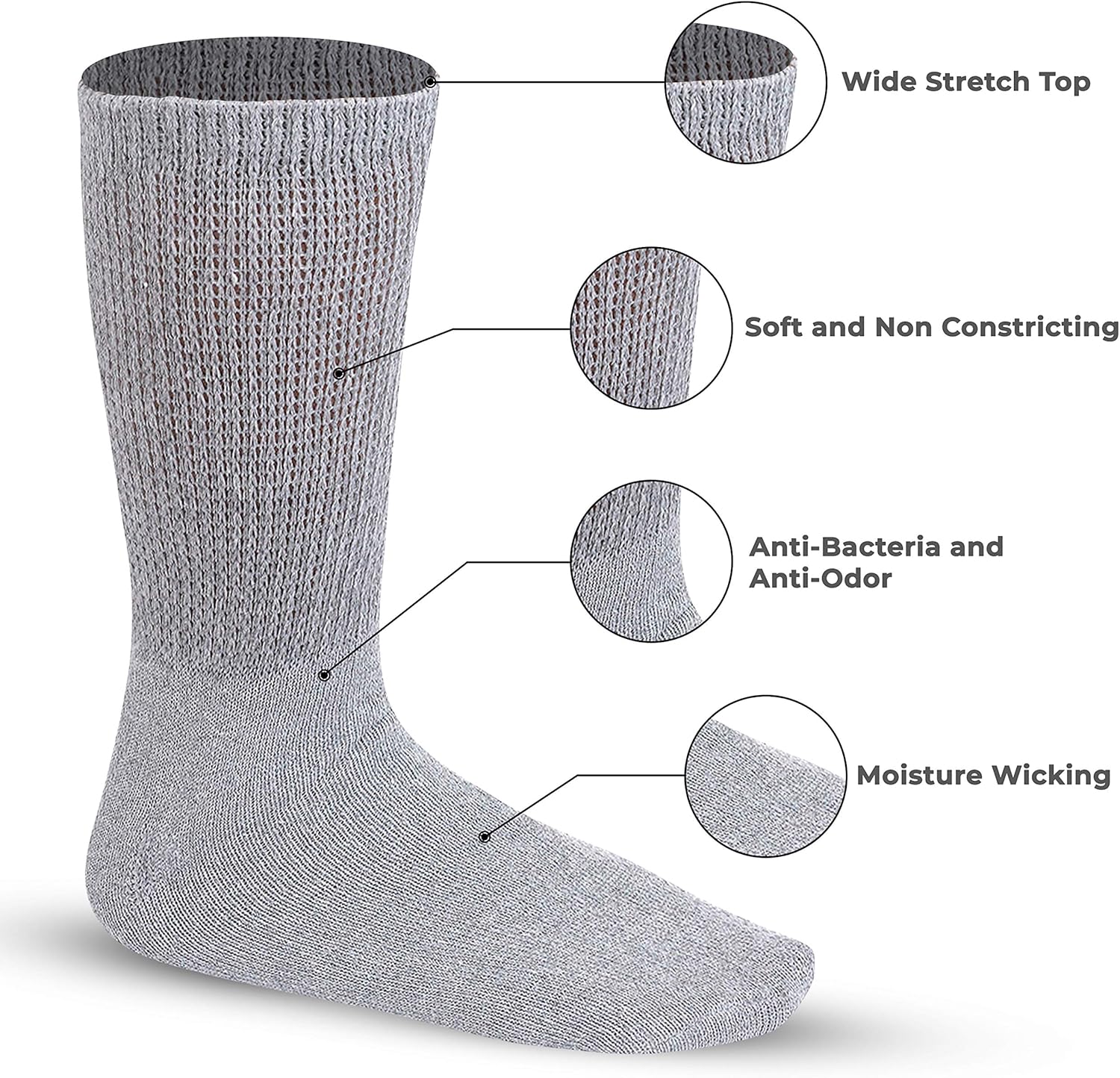 Diabetic Socks Mens Cotton 6-Pack Crew Grey By DEBRA WEITZNER: Health & Personal Care