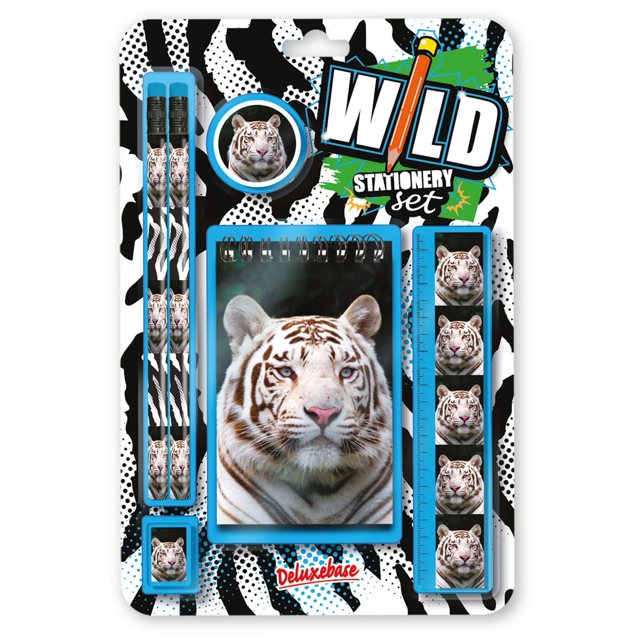 Deluxebase Wild Stationery Set – White Tiger, 6 Piece School Supplies Set including Notebook, 2 Pencils, Ruler, Pencil Eraser and Sharpener, Fun Animal Stationery Gifts for Kids and Students.