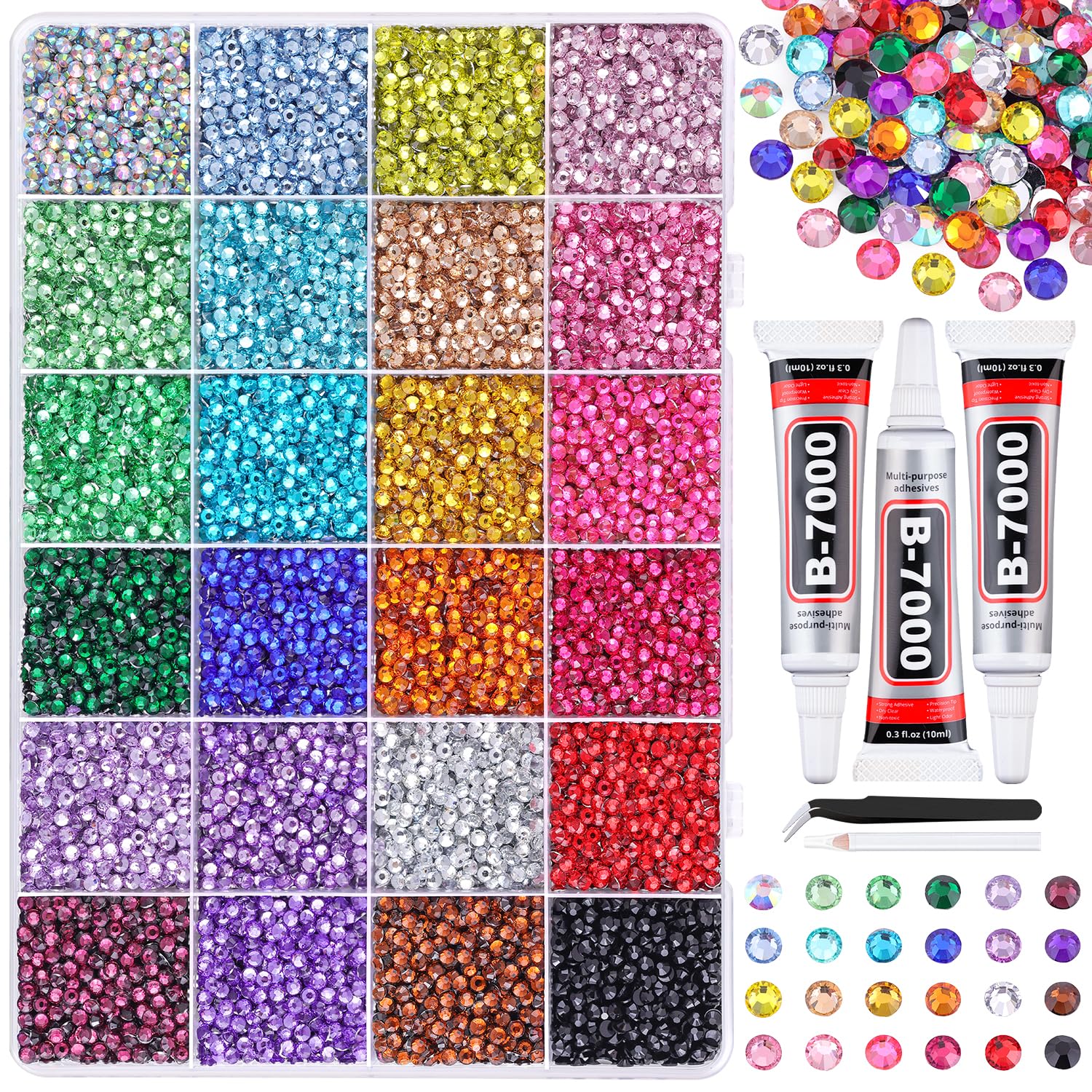 Photo 1 of 24000Pcs Resin Rhinestones for Bedazzling with Tweezers, Multicolor 3mm Rhinestones for Crafting with 3Pcs 10ml B7000 Jewelry Glue for DIY Crafts Clothing Tumblers Shoes Fabric Nail Art