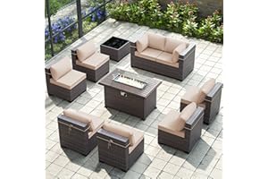 Gotland 10 Piece Outdoor Patio Furniture Set with Gas Fire Pit Table, Sectional Sofa w/43in Propane Fire Pit, 55,000 BTU Auto-Ignition Firepit w/Glass Wind Guard