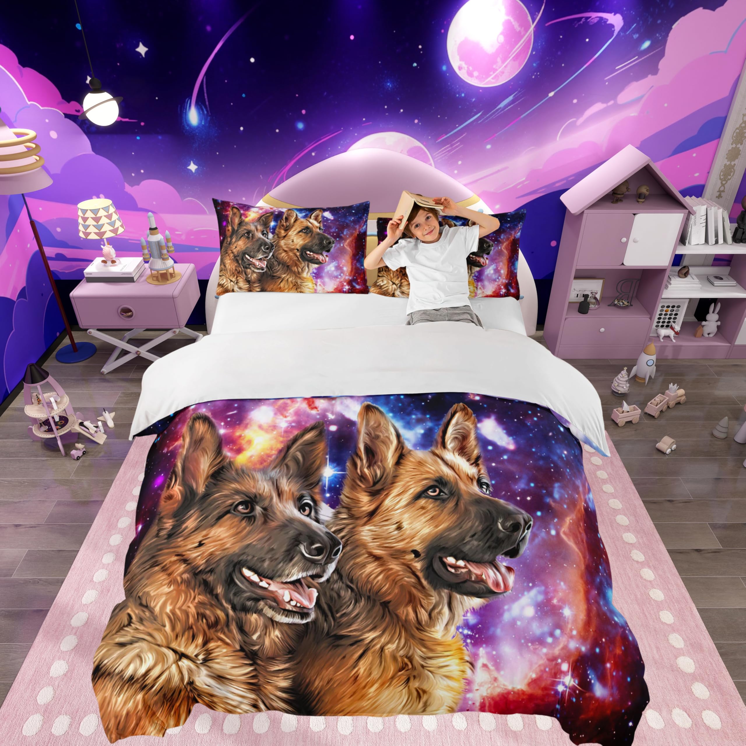 Dog Galaxy Duvet Cover Couple German Shepherd Dog Bedding Set for Kids Boys Girls University Starry Sky Comforter Cover Cute Pet Puppy Animal Decor Quilt Cover Bedroom Collection 3Pcs King Size — image 1