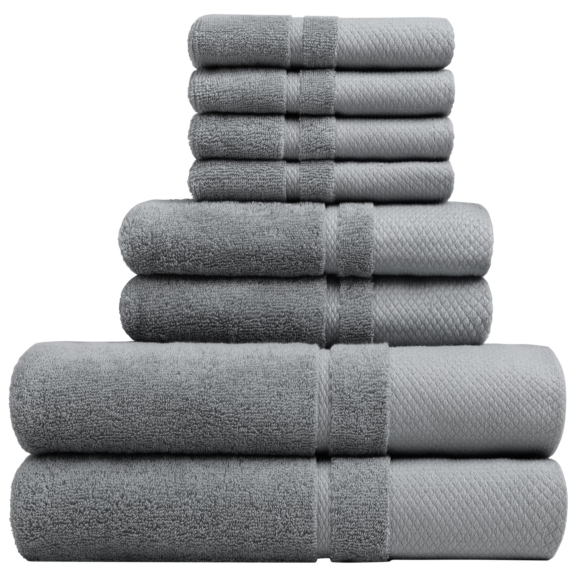 PiccoCasa Towels Family Bale 8-100% Combed Cotton 600 GSM Bath Towel Set of 2, Bath Towels Extra Large and Soft, Absorbent 2 Hand Towels for Bathroom, 4 Face Towels (Grey)