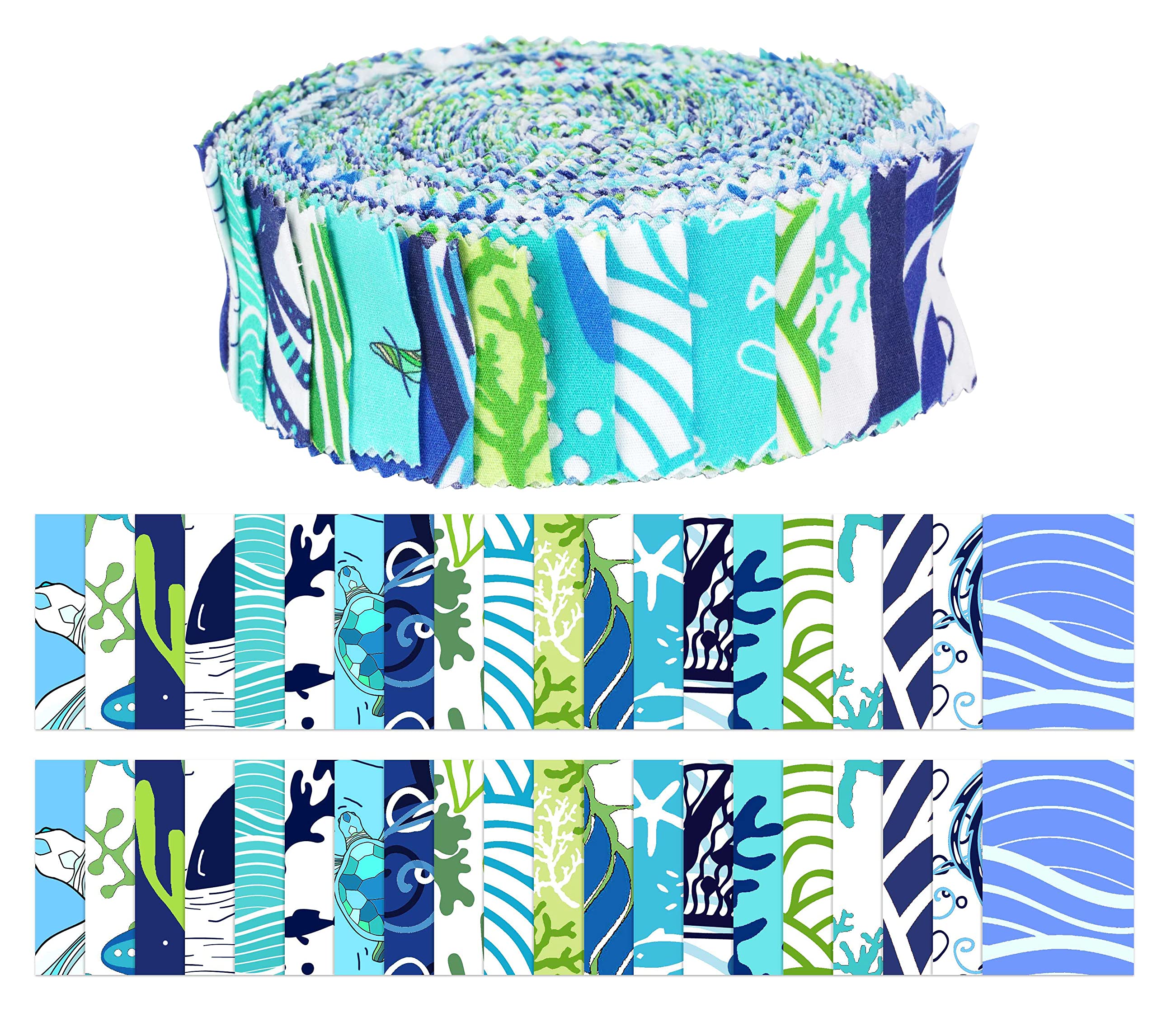 Soimoi 40Pcs Ocean Print Precut Fabrics Strips Roll Up 1.5x42 inches Cotton Jelly Rolls for Quilting - Medium Blue
