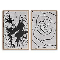 SIGNWIN 2 Piece Framed Canvas Wall Art Black and White Flowers Canvas Prints Home Artwork Decoration for Living Room,Bedroom - 16