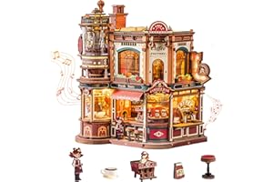 ROKR Dream Coffee Factory, Wooden Music Box Model, Mechanical 3D Wooden Puzzles for Adults, Building Kit with Moving LED Ligh