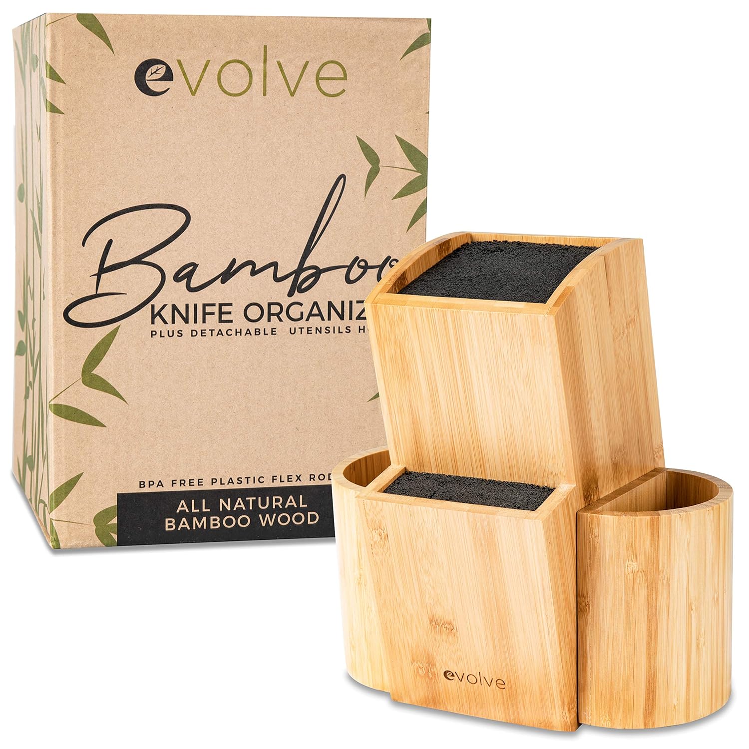 Evolve Bamboo Knife Block - Universal Kitchen Knife Holder - Safe & Space Saver Knife Storage that Covers Knife Blades Up To 10” & Holds Up To 20 Knives with Machine Washable & BPA Free Flex Rods