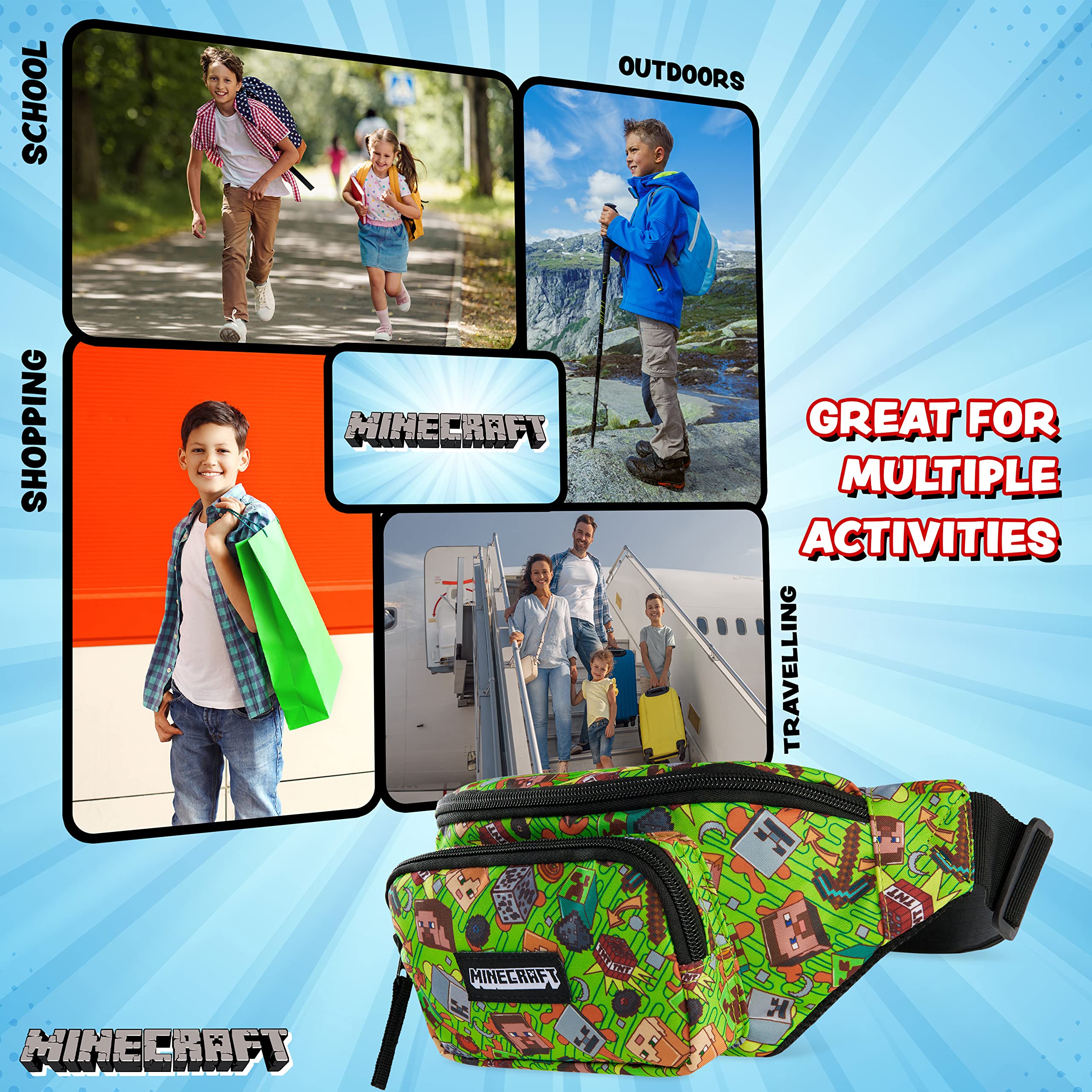 Minecraft Boys Fashion Waist Pack with Adjustable Strap, Creeper Travel Bag - Gamer Gifts (Multi)