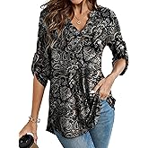 OIDUICOULD Women's Plus Size Tops 3/4 Roll Sleeve Blouses V Neck Tunic Tops