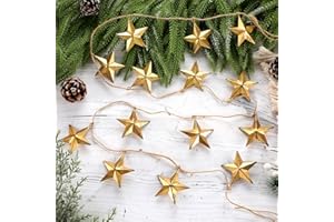 CINNVOICE 5.9ft Christmas Gold Star Garland with 13 Antique Brass Metal Stars Distressed Appearance Christmas Decorations Rustic Style for Home Porch Front Door Table Mantle Outdoor Xmas Patriotic Decor