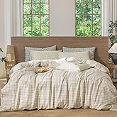 MooMee Gingham Duvet Cover Set 100% Washed Cotton Linen Like Textured Breathable Durable Soft Comfy Modern Checkered Design (Almond Milk Grey Gingham, King 104"x90")