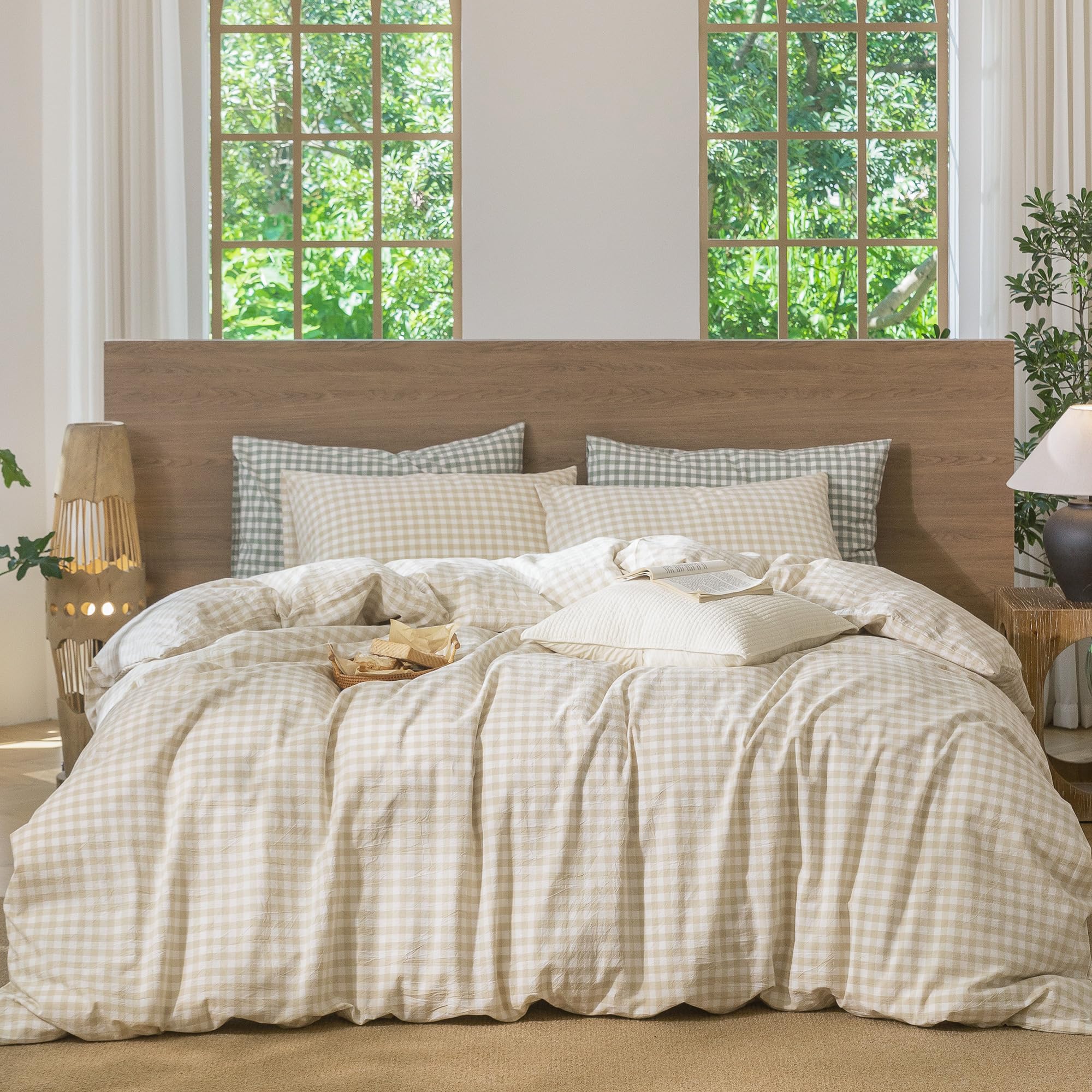 Photo 1 of MooMee Gingham Duvet Cover Set 100% Washed Cotton Linen Like Textured Breathable Durable Soft Comfy Modern Checkered Design (Almond Milk Grey Gingham, Twin 68"x90")