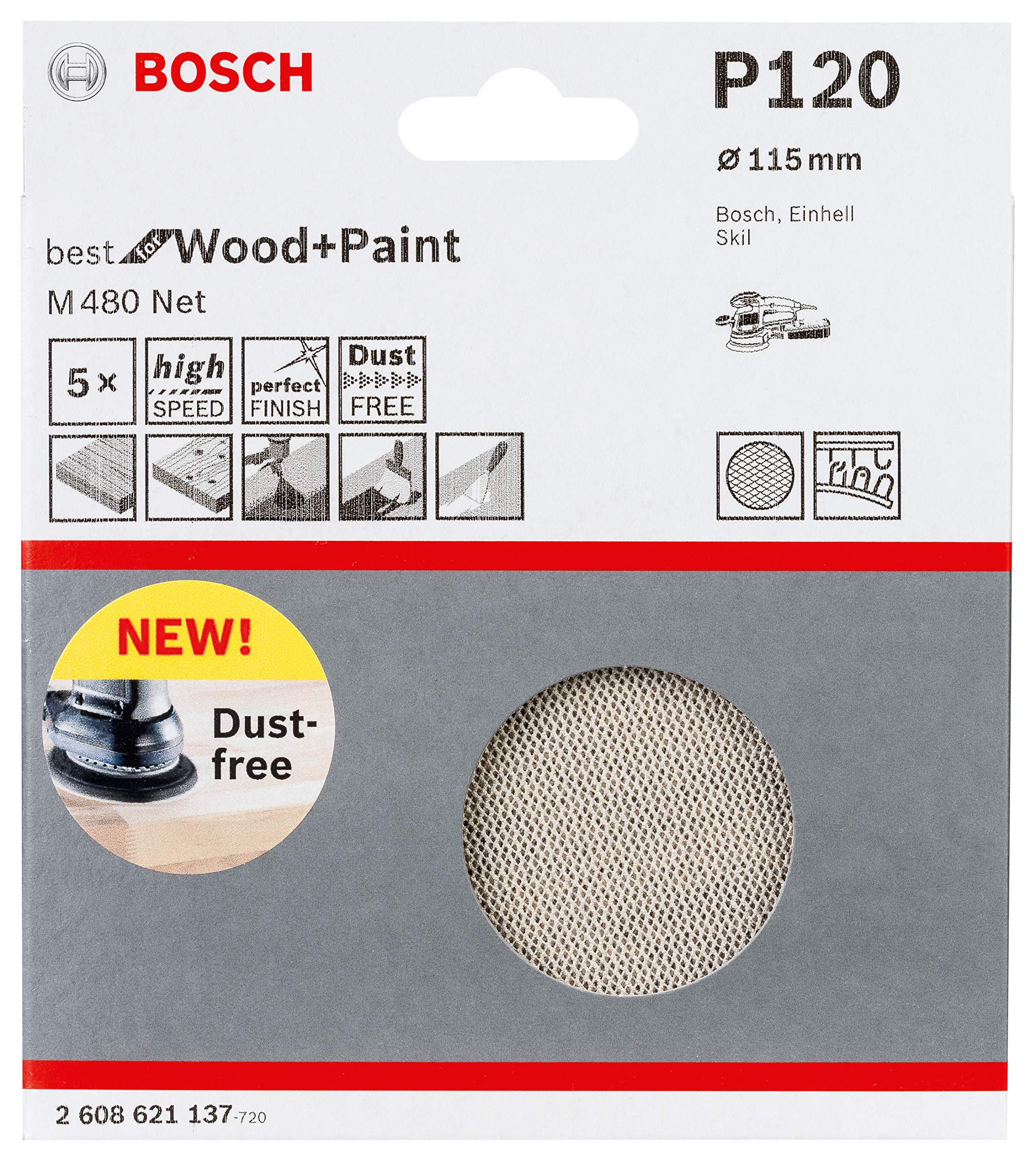 Bosch Professional Set of 5 Sanding Sheets M480 Best for Wood and Paint (Wood and Paint, Ø 115 mm, grit G120, Accessories for Random Orbit Sander)