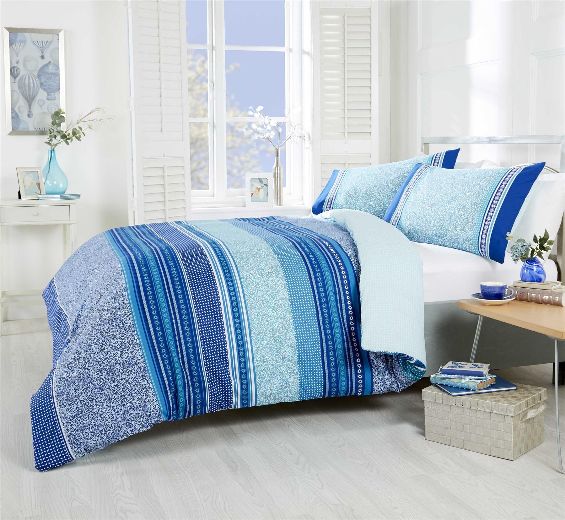 PAISLEY GEOMETRIC STRIPED TEAL BLUE COTTON BLEND USA TWIN (135CM X 200CM - UK SINGLE) DUVET COMFORTER COVER