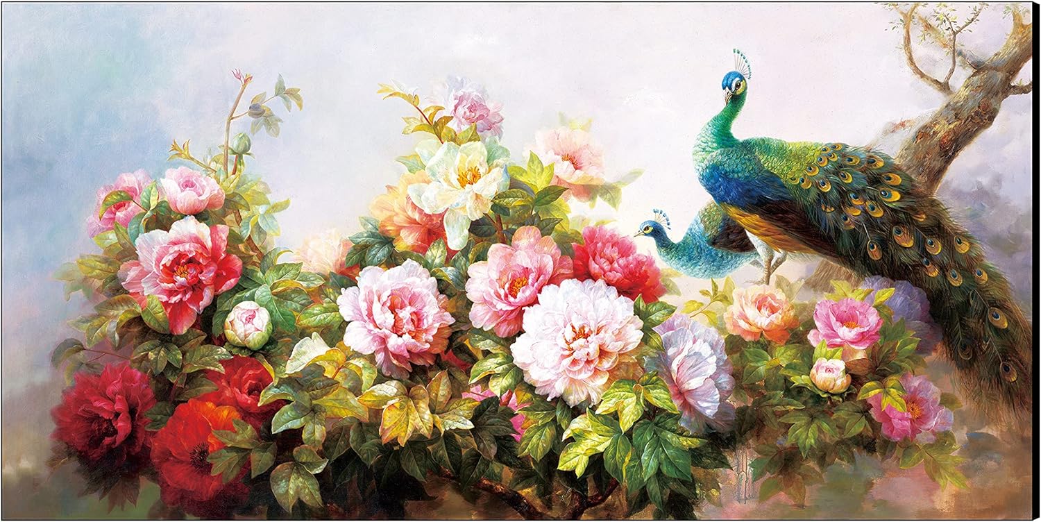 Paintings - Framed 24x48 inch Prints Peony Flowers Peacock Wall Art Oil Painting on Canvas Decor High-end Large Size Bedroom Living Room Restaurant Walls Artwork Home Decoration Murals