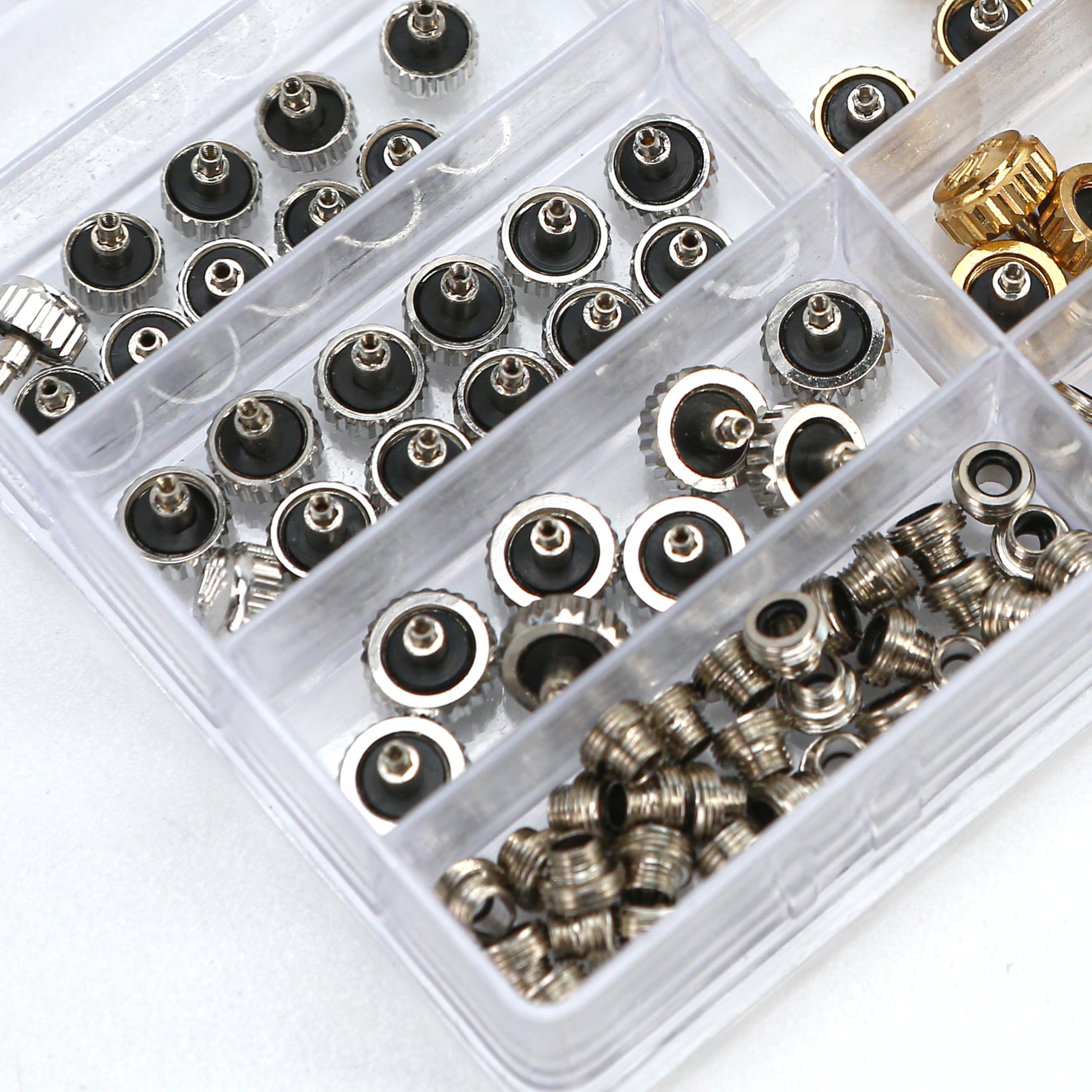120PCS Watch Crown Replacement Fit for Rolex Calibre 3135 3235 3335, Waterproof Down Screw Copper Bronze Link Accessories Assortment Part Kit, Spare Repairing Removal Tool(Assorted Silver Gold)